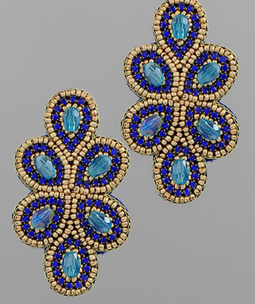 Blue Floral Beaded Statement Earrings