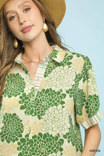 Printed Polo Top With Stripe Contrast
