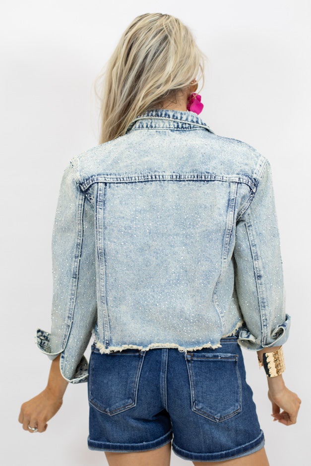 Find Your Sparkle Rhinestone Distressed Denim Jacket