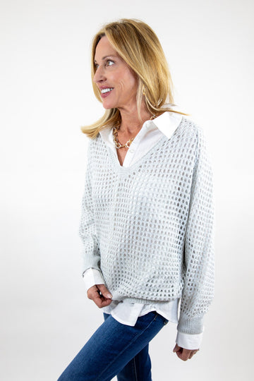 Open Weave Foil Knit V Neck Sweater