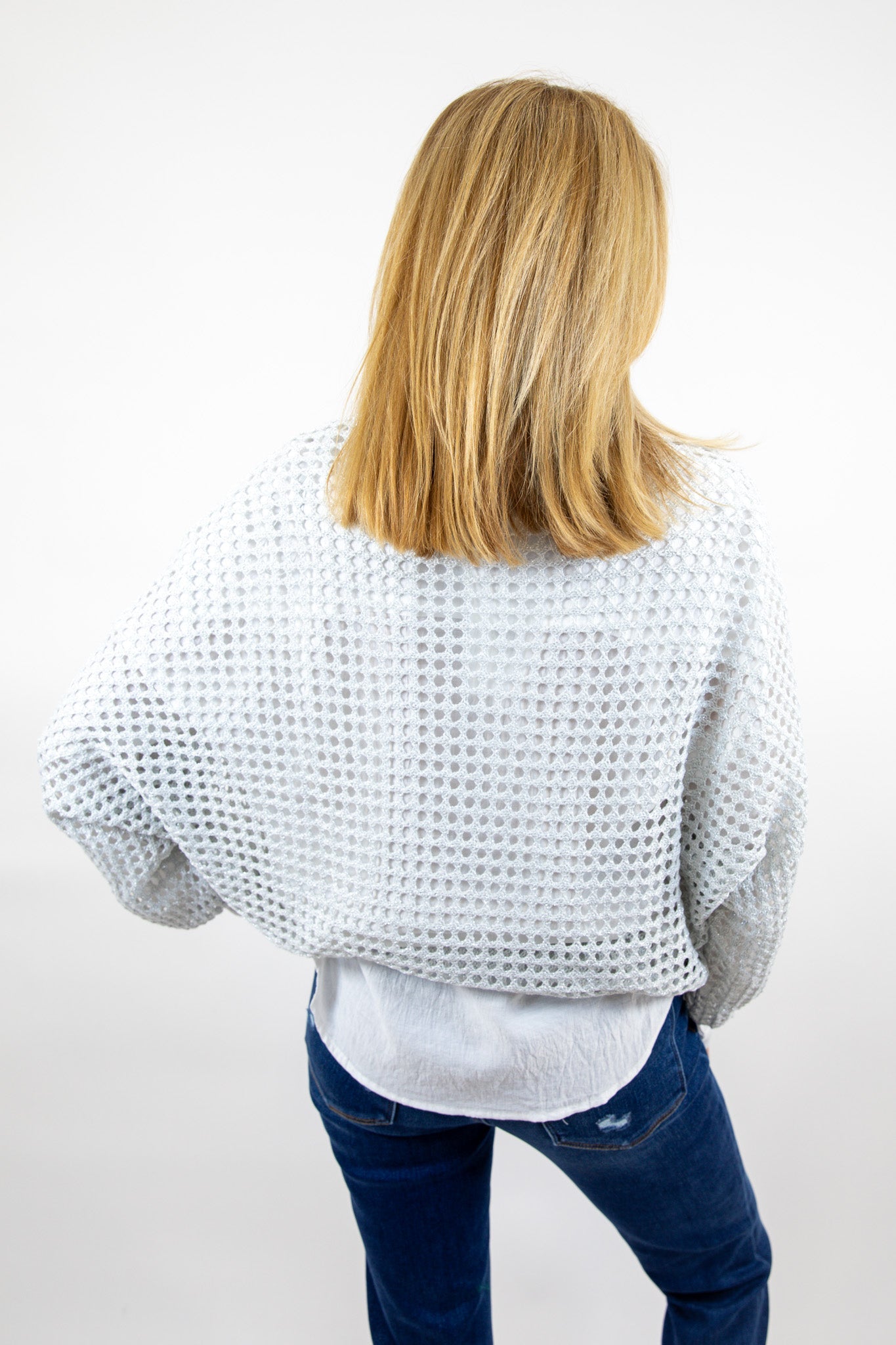 Open Weave Foil Knit V Neck Sweater
