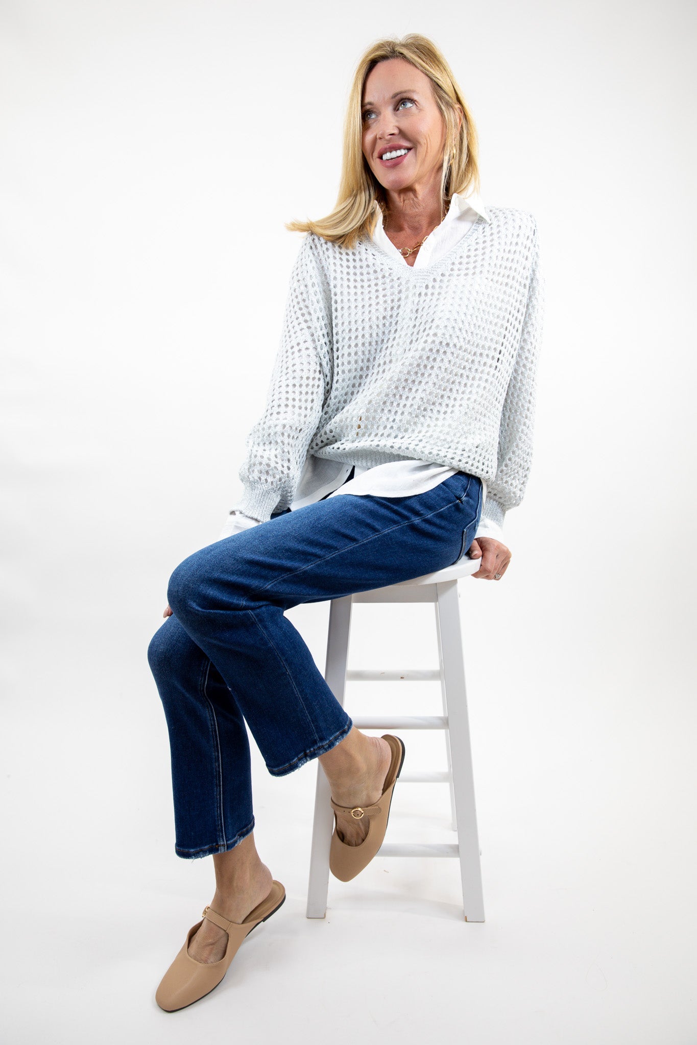 Open Weave Foil Knit V Neck Sweater