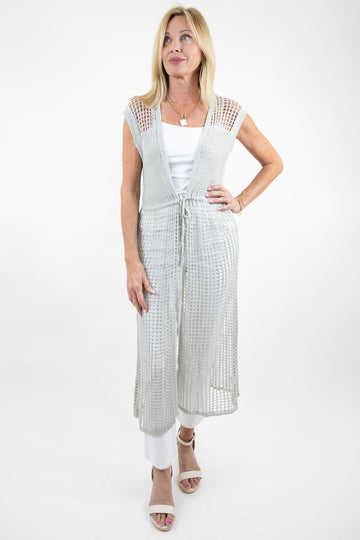 Open Weave Knit Sleeveless Front Tie Cardigan
