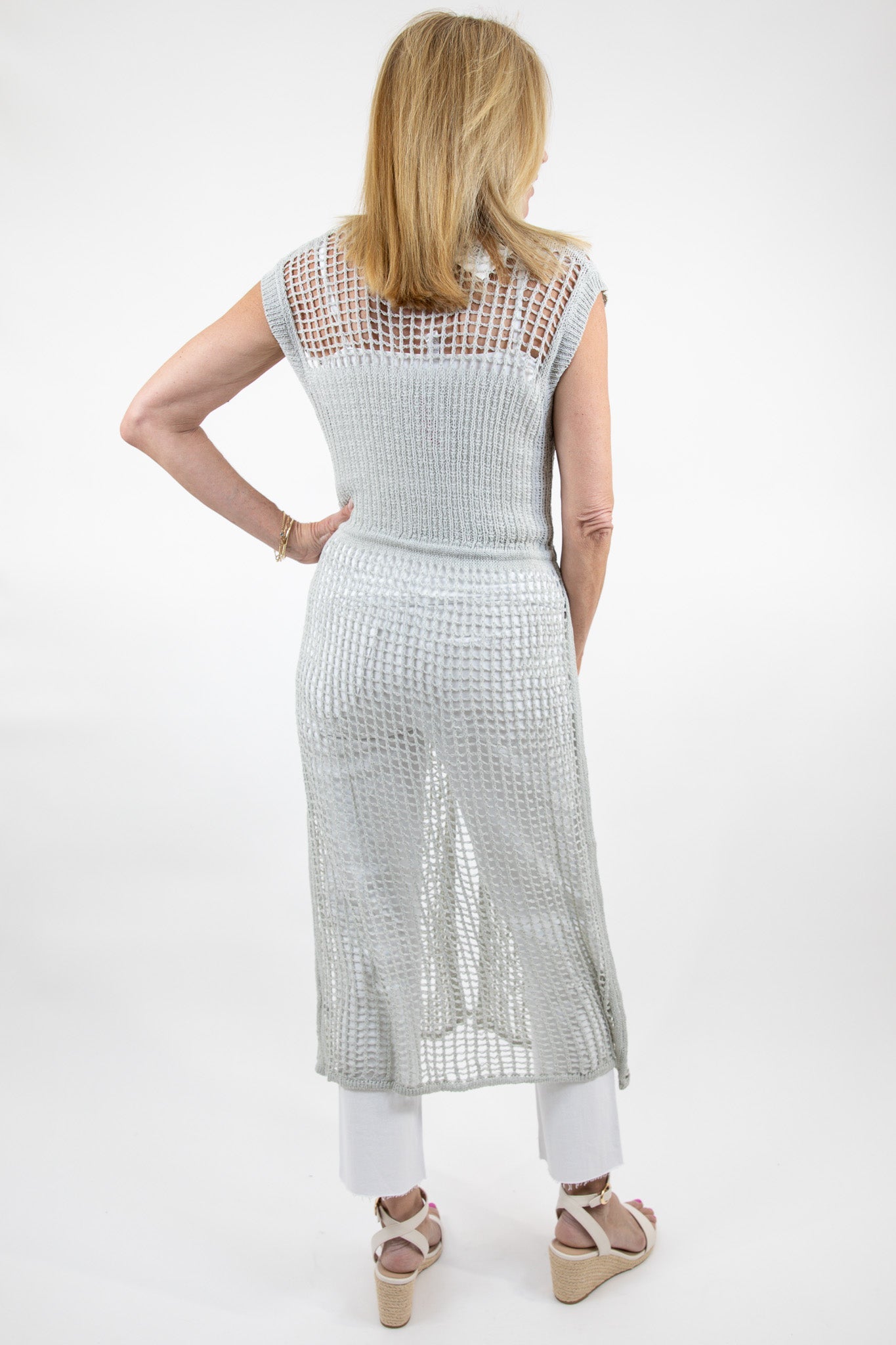 Open Weave Knit Sleeveless Front Tie Cardigan