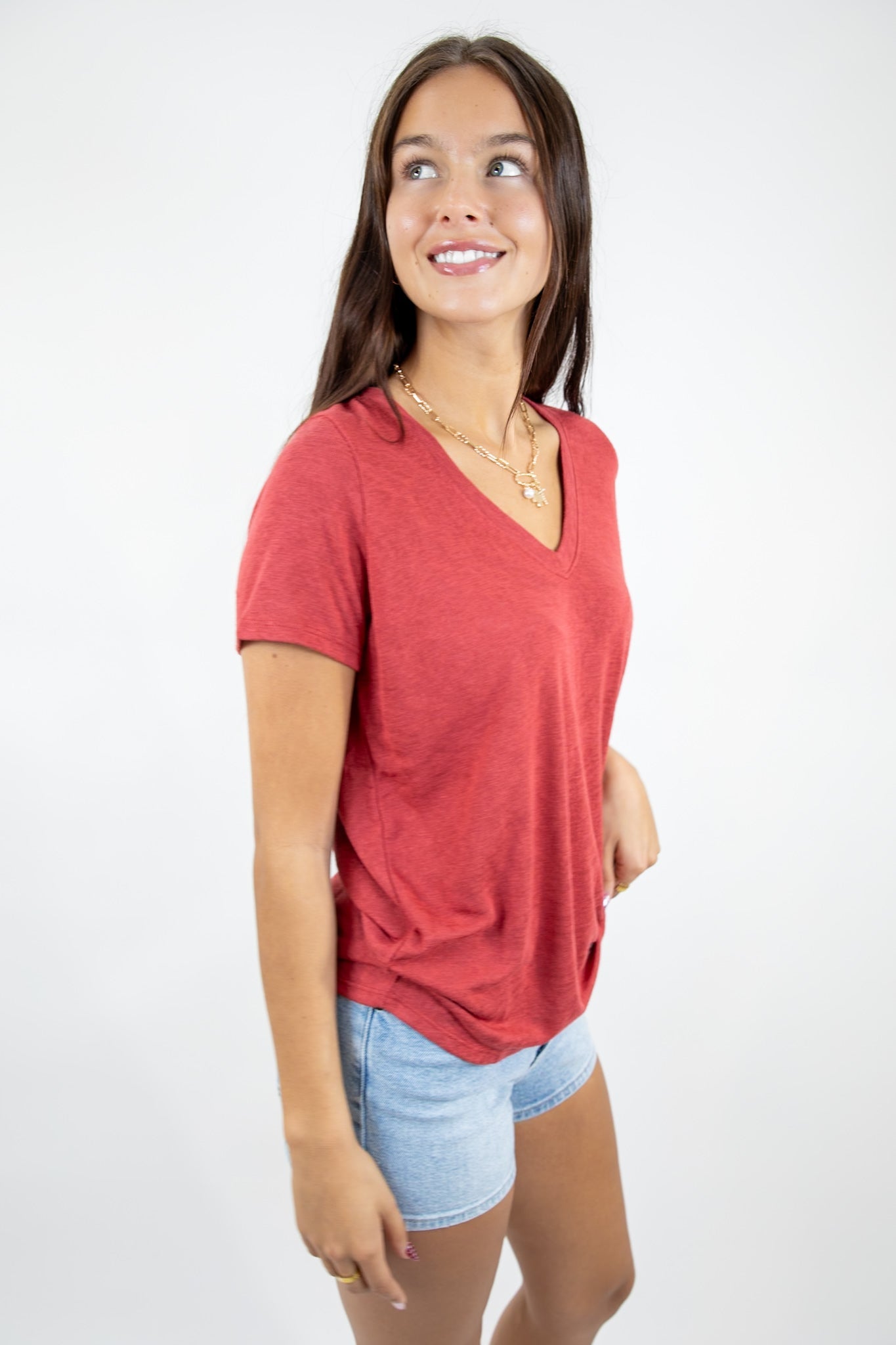 Everyday Hacci V Neck Tee Crimson Red