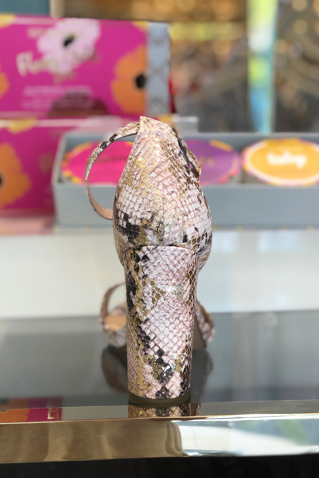 Gold Snakeskin Block Heeled Sandal