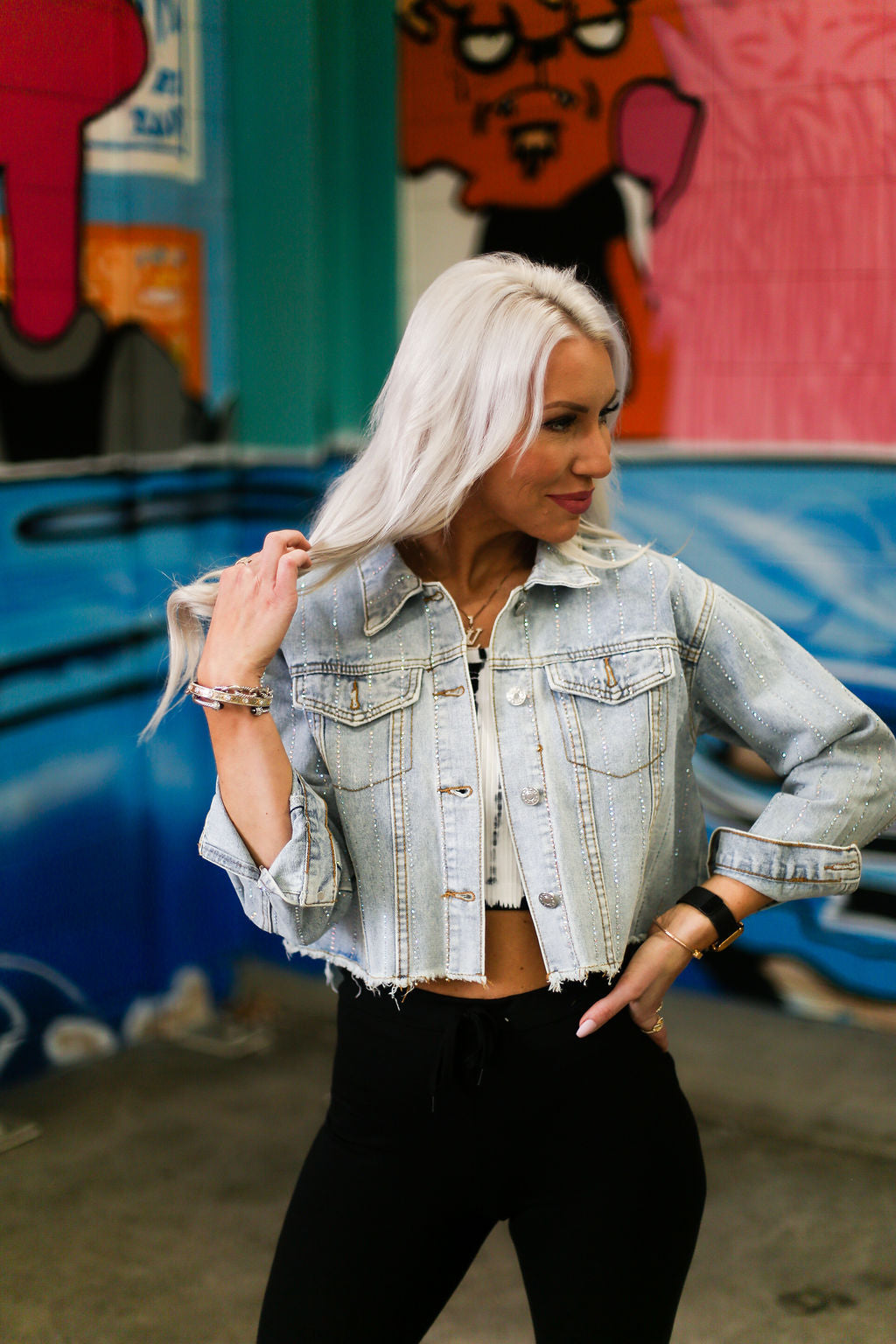 Kyler Rhinestone Raw Hem Denim Jacket