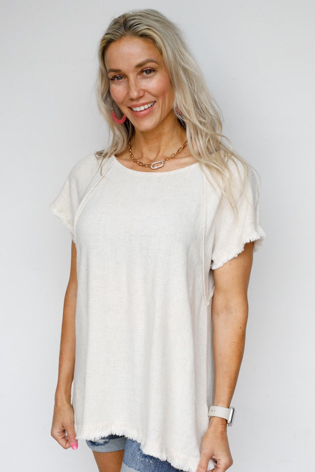 Solid Linen Short Sleeve Top - Seam Detailing & Ruffle Fringe Edges